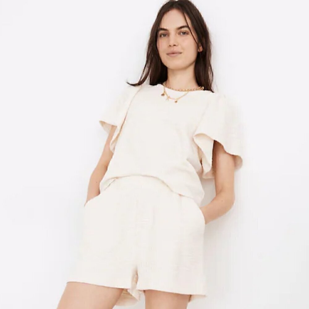 Madewell Neutral Beige Crew Neck Flutter Sleeved Boxy Fit Textured Top